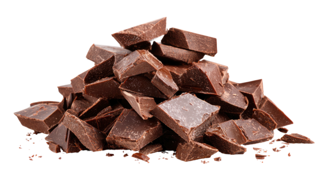 Close-up view of a pile of dark chocolate chunks, various shapes and sizes, on a solid black background