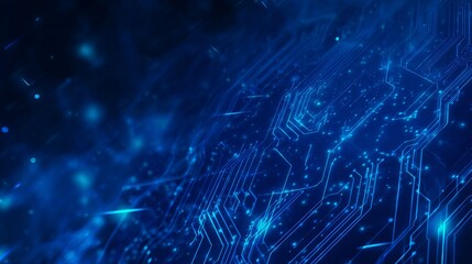Futuristic digital circuit board background with glowing blue lines and holographic overlays