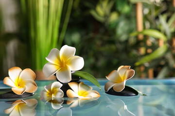 Lake with spa stones and beautiful plumeria flowers in tropical bamboo garden