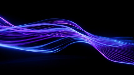 Dynamic abstract 3d render of swirling blue and purple neon lines against a black background