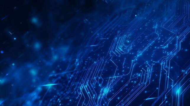 Futuristic digital circuit board background with glowing blue lines and holographic overlays