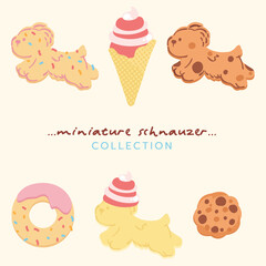 Sweet miniature schnauzers styled as cookies and desserts, blending cuteness with delicious pastel charm.