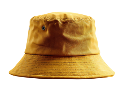 Close-up shot of a yellow, casual hat. Its shape is circular and features a brim and two eyelets