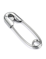 A polished, metallic safety pin, angled