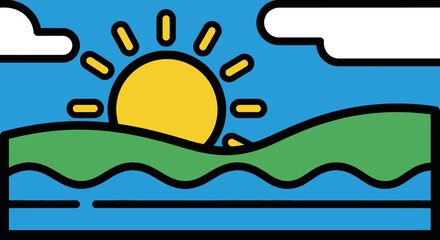 Stylized sunrise vector illustration with rolling hills, calm water, and gentle clouds creating a