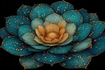 Close-up of a large, stylized flower with teal and gold leaves, gold accents and seeds on a dark background