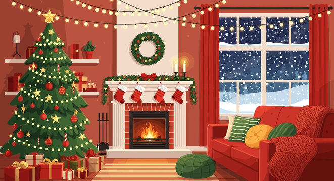 Festive holiday cheer in a cozy living room decorated with a christmas tree and fireplace