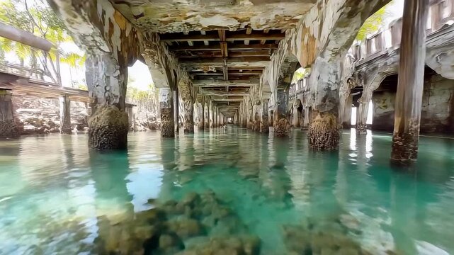 Abandoned flooded concrete structure with clear turquoise water and repeating columns creating a haunting industrial interior scene