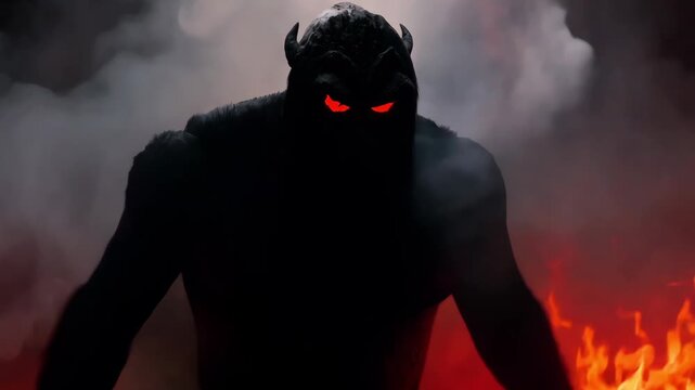 Terrifying humanoid monster faceless void head, glowing red cracks eyes mouth, long sharp claws. thick rolling smoke horror hellfire glow nightmare creature, 4K scary Halloween monster video, dramatic