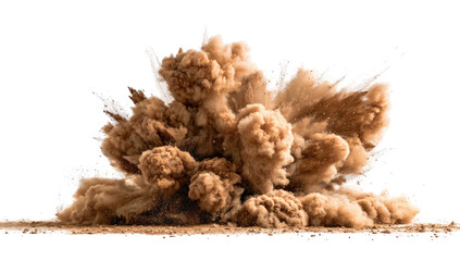 A massive, swirling cloud of tan dust explodes against a solid black background