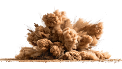 A massive, swirling cloud of tan dust explodes against a solid black background