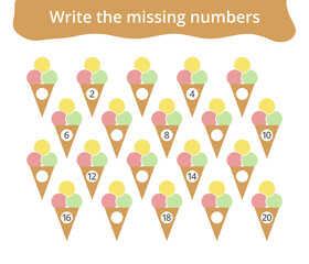 Missing number worksheet for kids with ice cream, count and write numbers from 1 to 20, great for preschool math learning and early number practice.