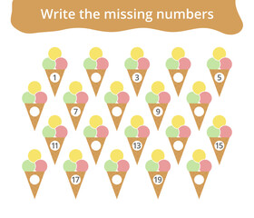 Missing number worksheet for kids with ice cream, count and write numbers from 1 to 20, great for preschool math learning and early number practice.