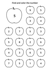 Learning worksheet for kids, find and color numbers. Educational game to recognize the shape of the number 5. Vector illustration in A4 format.