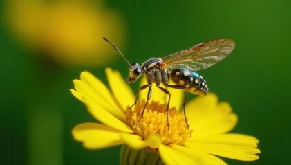 Elegant Nemoptera bipennis on vibrant yellow flower, isolated , beauty, macro, entomology