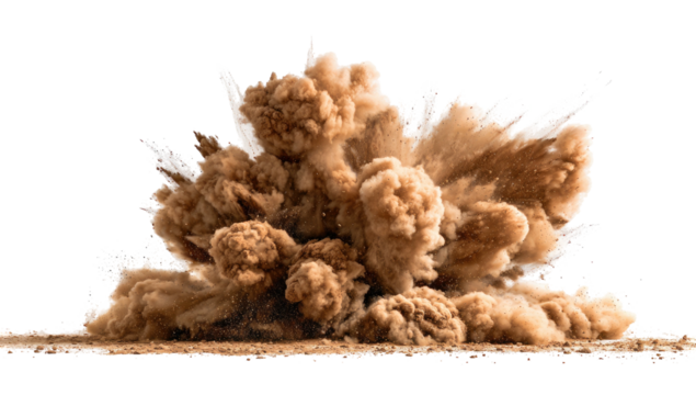 A massive, swirling cloud of tan dust explodes against a solid black background