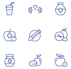 Health and wellness icon set featuring diet exercise and medical illustrations in a line style