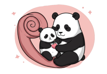 Illustration of a panda bear and a cub holding a heart, nestled in a pink swirl.
