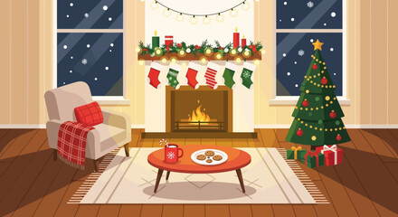 Festive christmas living room interior featuring a cozy fireplace and decorated tree for a special