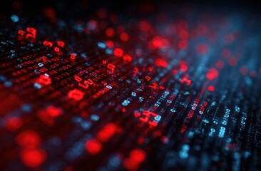 Close-up of digital data and binary code on a futuristic computer screen