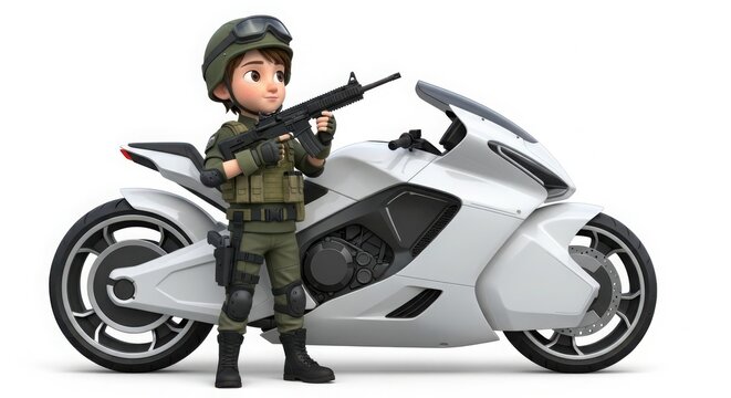 Cartoon soldier with rifle poses next to futuristic motorcycle