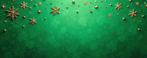 Emerald green textured background, scattered gold sequins & frosted snowflakes , celebratory, glitter