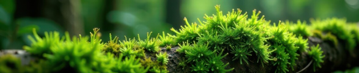 Emerald moss thrives on decaying wood, intricate detail , wild, pattern
