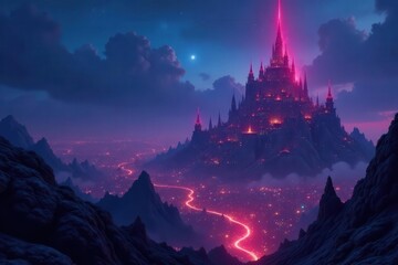 Epic fantasy cityscape at night, glowing magic towers, vibe, atmosphere