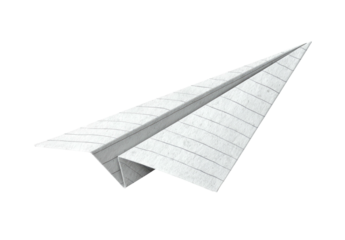 A paper plane made from lined paper, isolated against a black background, ready for flight