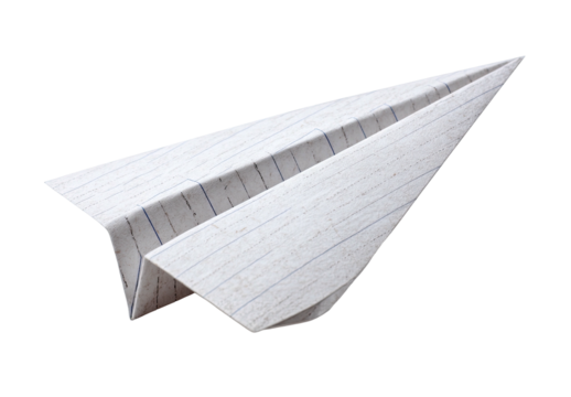 Close-up of a paper airplane made from lined paper, isolated on a transparent background