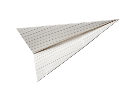 Isolated white paper airplane with grey lines, angled to the left, on a transparent background