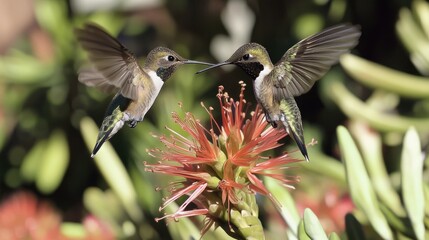 Fototapeta premium Hummingbirds near flower in garden