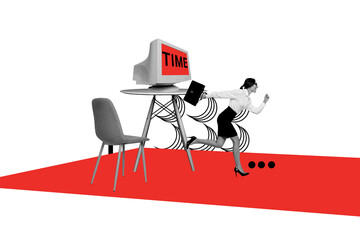 Composite photo collage of happy girl late business meeting run pc monitor regime time deadline...