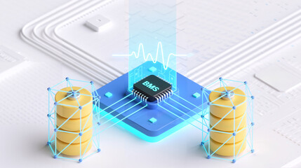 Futuristic Smart Battery Management System with AI-based control, real-time monitoring, and predictive status display, BMS, 3D