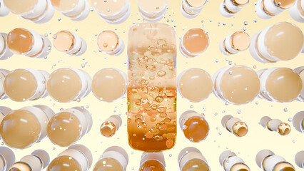 Golden Capsule Pill with Micro Particles Surrounded by Transparent Bubbles Representing Medicine, Healthcare, Pharmaceutical Research, Drug Innovation and Modern Medical Concept, 3d render