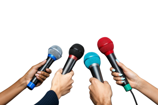 Colorful Microphones Held by Multiple Hands — Press Conference or Interview Concept on Transparent Background PNG