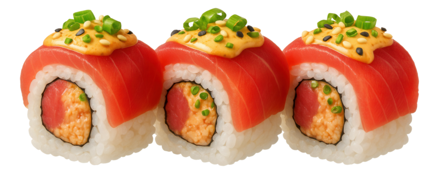 Tempura roll showcasing a layer of thinly sliced mango, served on a narrow, elongated glass plate.