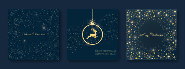 Pack of festive greeting cards with Christmas  ball and dear on dark background. Holiday pattern. Vector illustratio