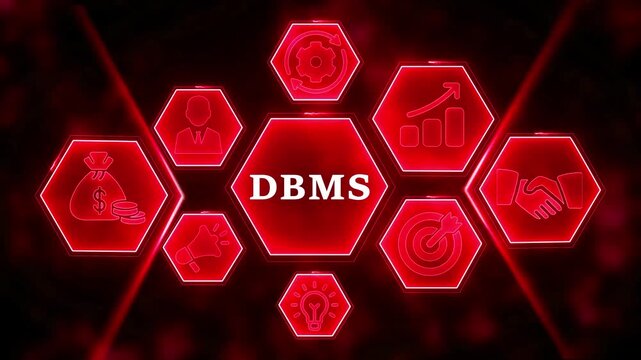 DBMS database management system business concept with glowing red hexagons and icons Keywords: DBMS, database management system, business, technology, data, information