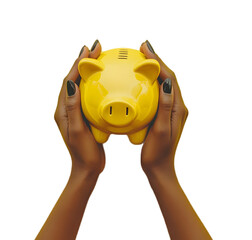 Two black woman hands hold a yellow piggy bank. The hands are dark-skinned with manicured nails. Transparent background. Savings and budgeting.