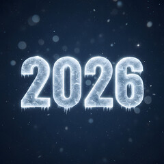 New Year 2026 Ice Numbers with Frost and Icicles Effect, Glowing White on a Cold Snowy Blue Background