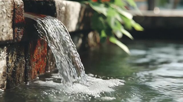 Clear water flowing from a stone spout into a calm pond with gentle ripples and natural greenery creating a peaceful outdoor scene