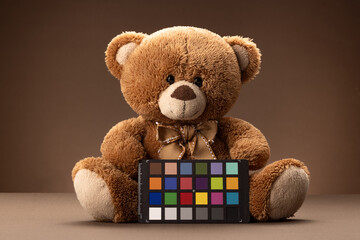Soft plush brown teddy bear toy for kids with colorchecker color checker board or colours chart for calibrate, brown background