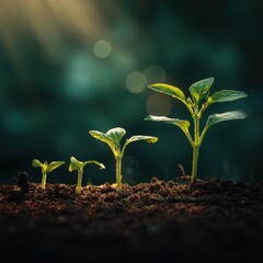 Close-up of young green seedlings sprouting from dark soil in natural environment