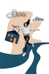 Vertical photo collage young running girl realtor purchase house accommodation new flat settlement...