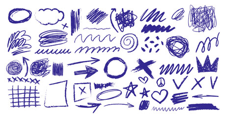 Collection of Blue Hand-Drawn Scribble Elements and Symbols