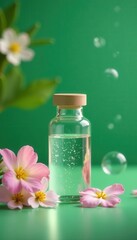 Green backdrop, delicate blossoms, product vial, floating bubbles, lotion, moisturizing