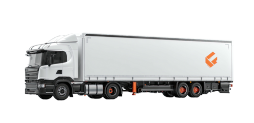 A white articulated lorry with a trailer against a black background. The trailer has a small orange graphic