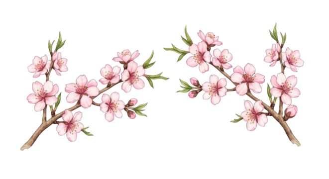 Watercolor illustration of two branches of a flowering peach tree with pink blossoms.