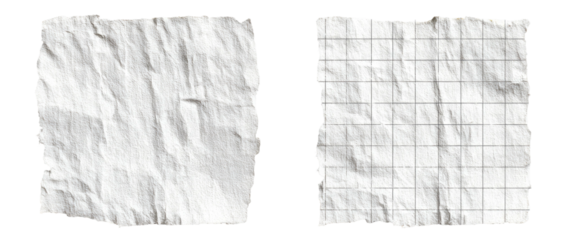 Two textured, irregular-edged paper squares, one blank and crumpled, the other gridded and weathered